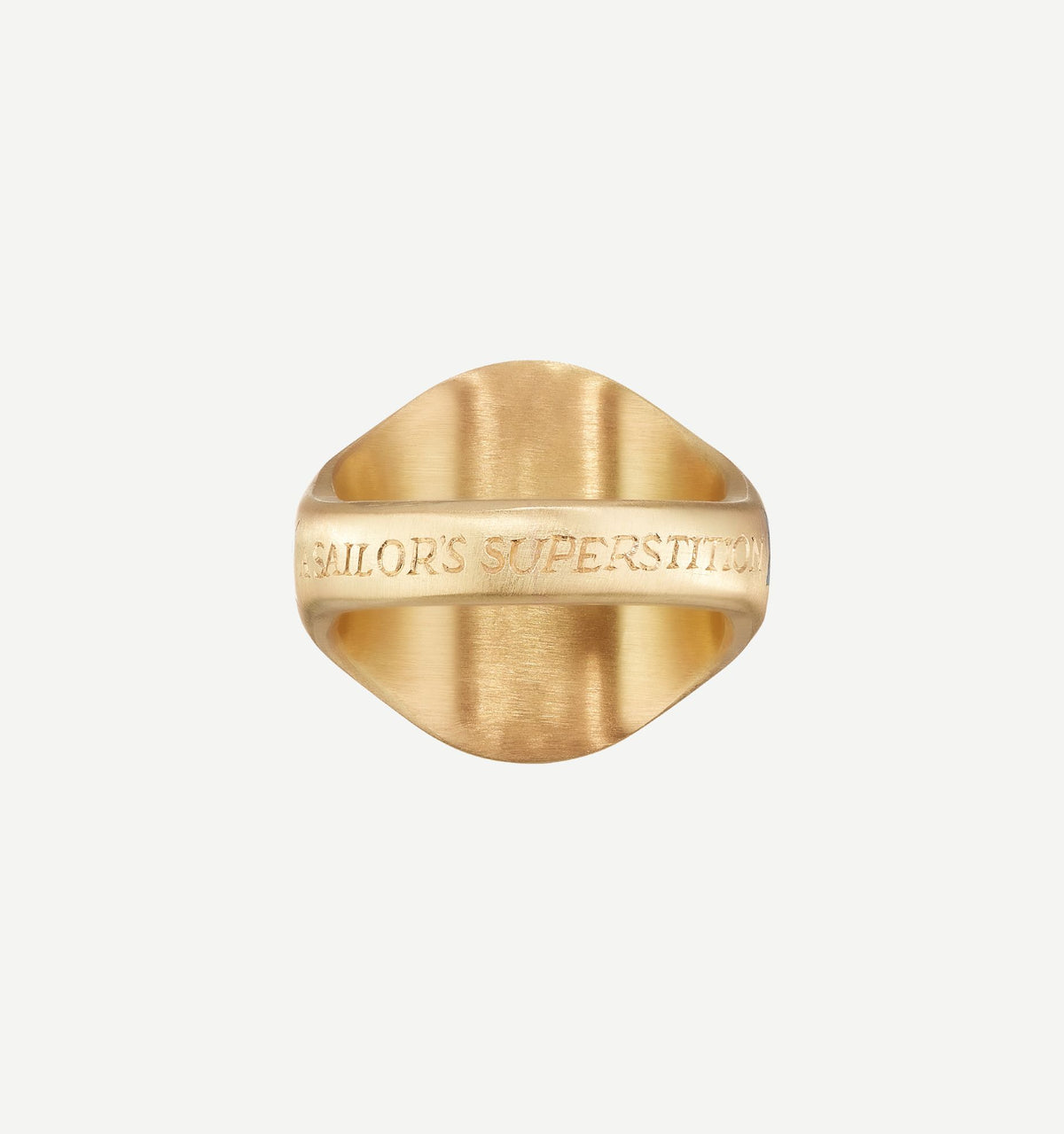 Gold signet ring featuring engraved text "Sailor's Superstition."