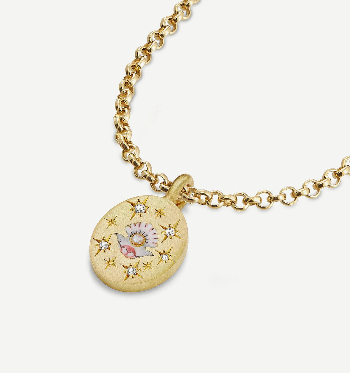 Gold pendant necklace featuring an enameled design with a shell motif and diamonds.