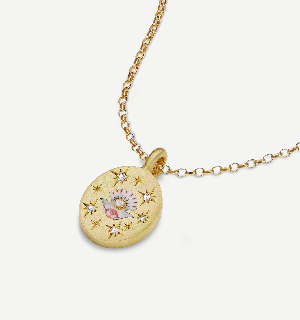 Gold pendant necklace featuring an enamel design with a shell and six diamonds, hung on a delicate chain.