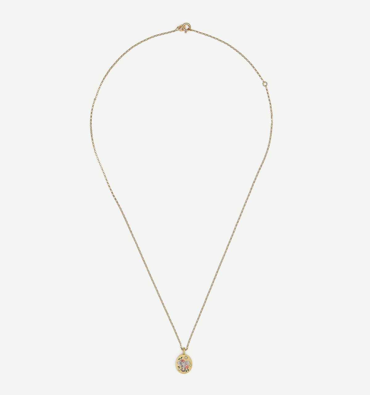 Gold necklace featuring an oval pendant with an enamel floral design.