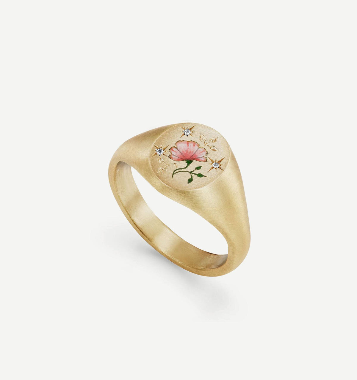 Gold ring featuring an engraved pink flower design with diamonds.