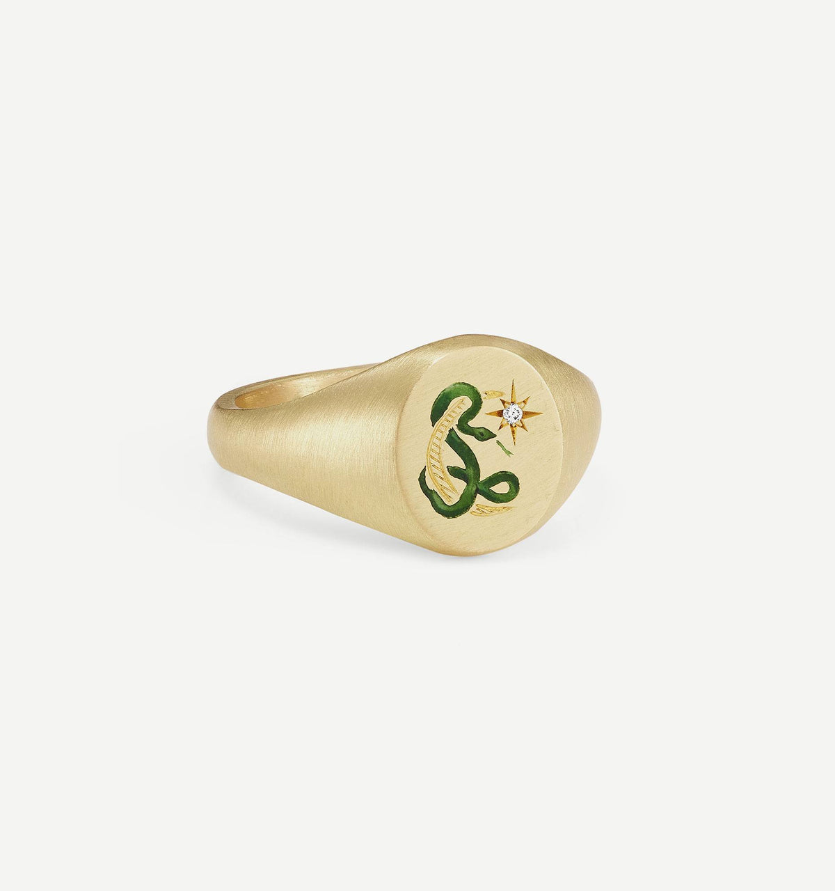 Gold signet ring featuring green and yellow enamel design with a diamond accent.