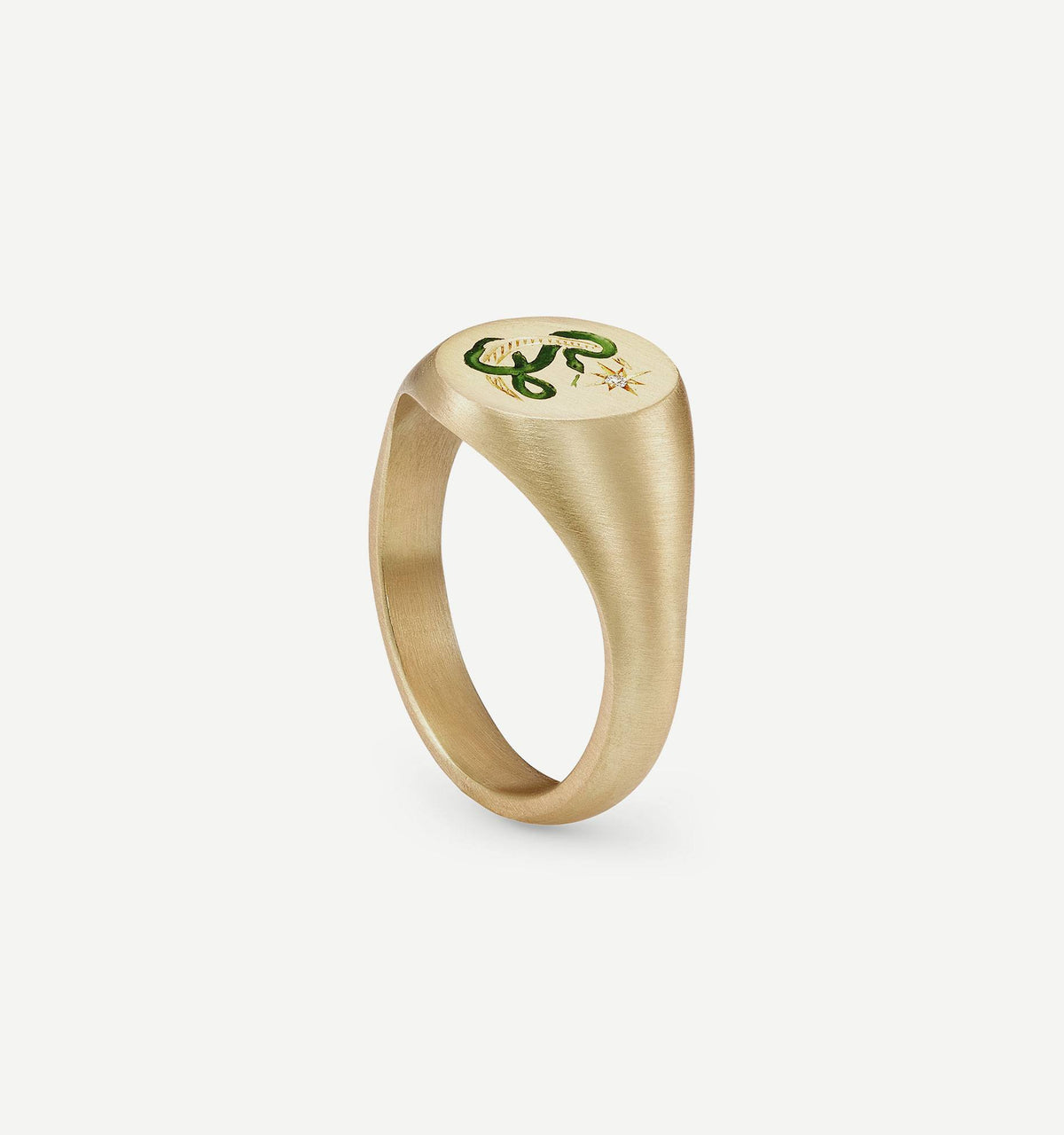 Gold signet ring with an engraved green snake and a star motif on the top.