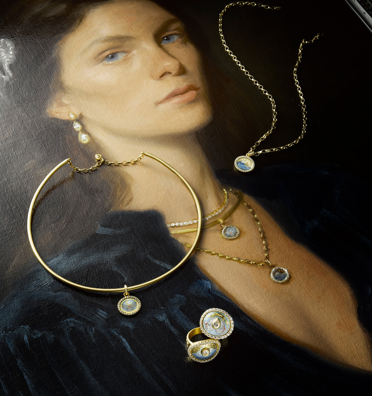 Woman wearing gold jewellery, including a choker, layered necklaces, and a ring.