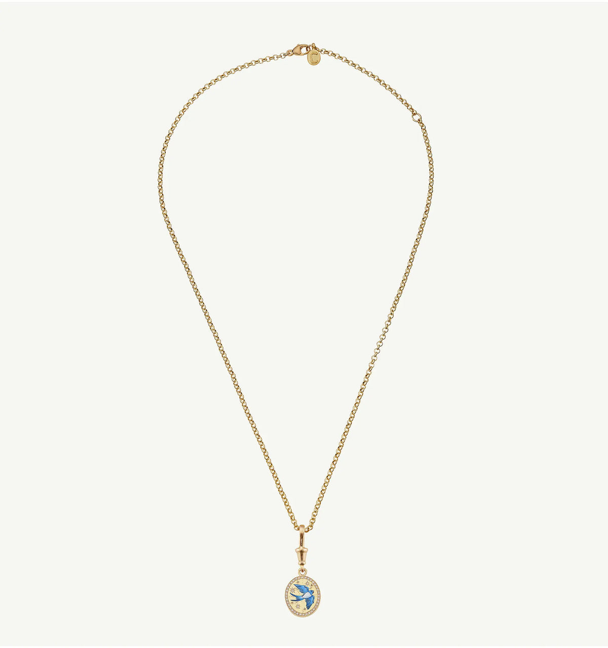 Gold necklace featuring an oval pendant with a blue bird in enamel detail.