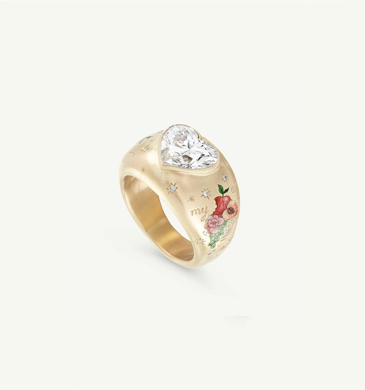 Gold ring featuring a heart-shaped diamond and floral enamel designs with the word "my" engraved.