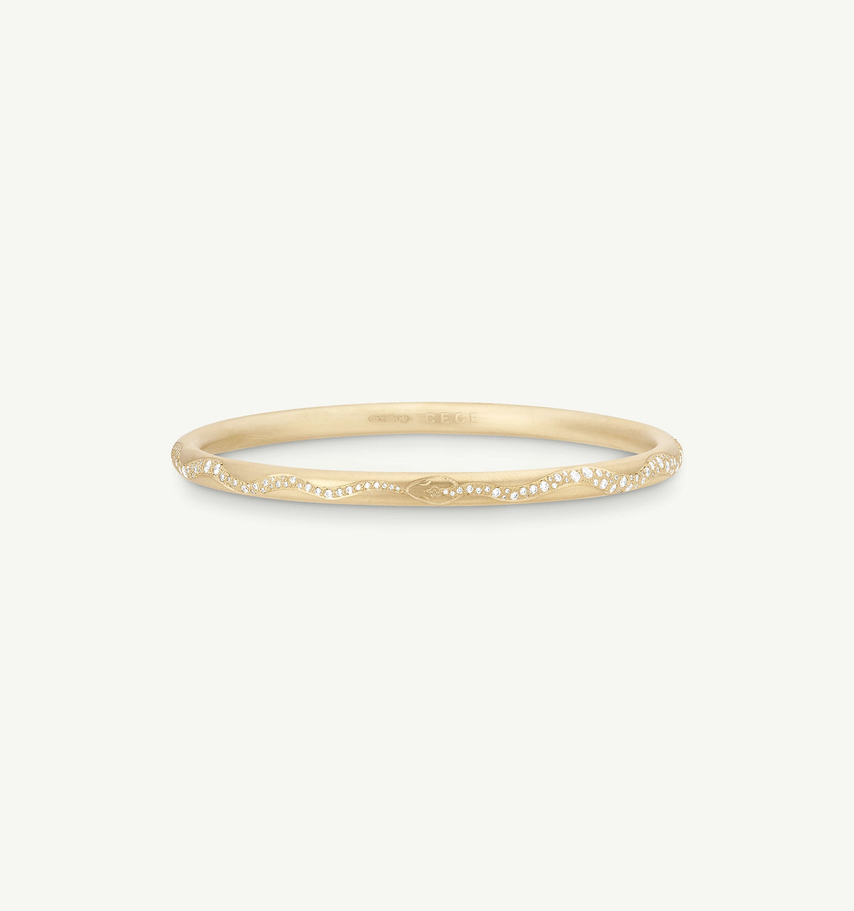 Gold ring with a wavy texture and small diamond accents along one side.