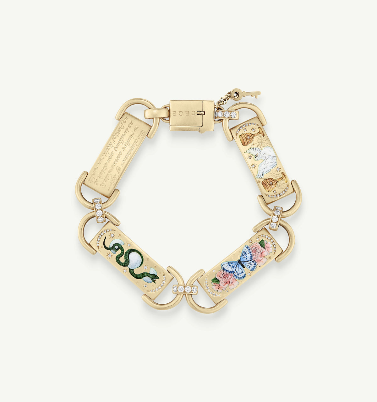 Gold bracelet featuring enamel motifs of a butterfly, snake, and floral designs with diamond accents.