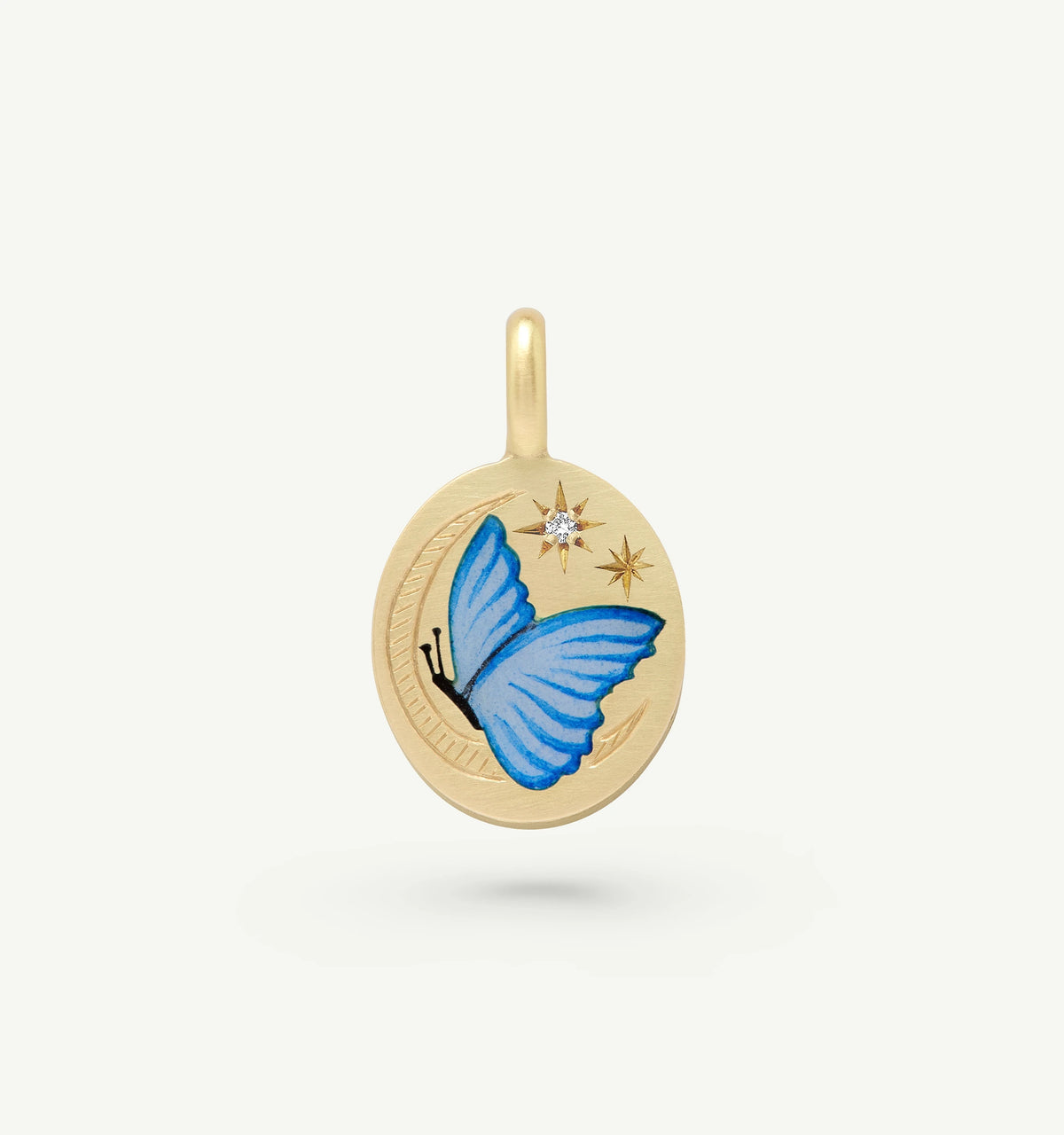 Gold pendant featuring a blue butterfly design in enamel and a small diamond accent.
