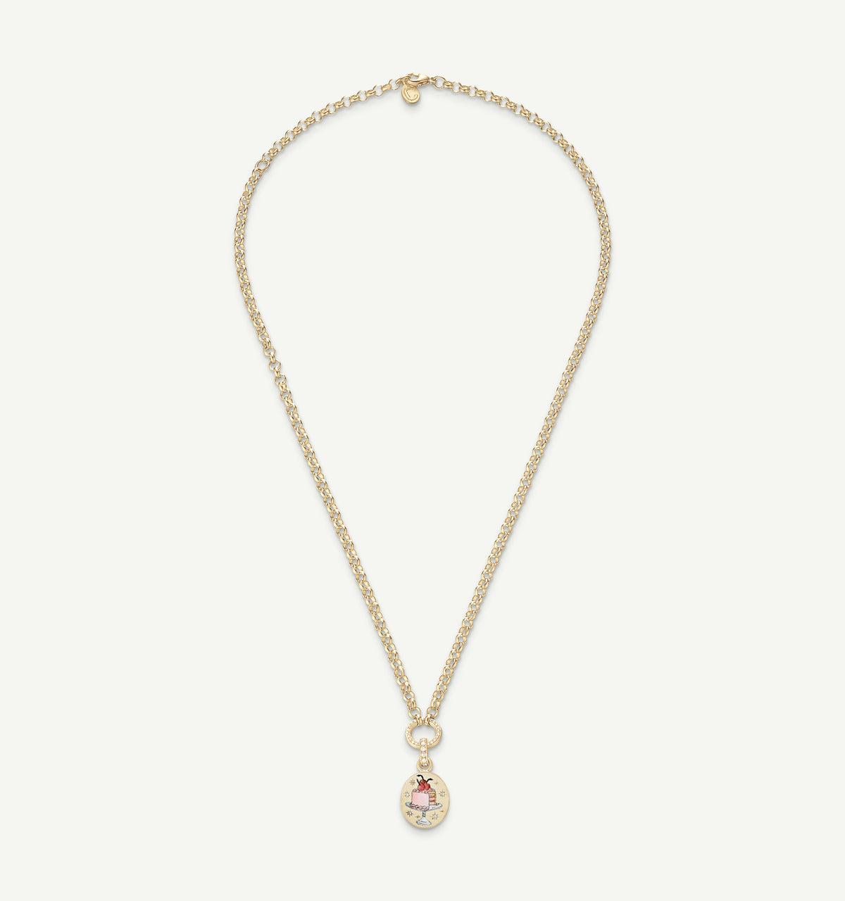 Gold necklace featuring an oval pendant with an enamel design of a girl holding a heart.
