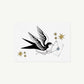 A swallow illustration carrying an envelope with a seal surrounded by gold stars on a textured background.