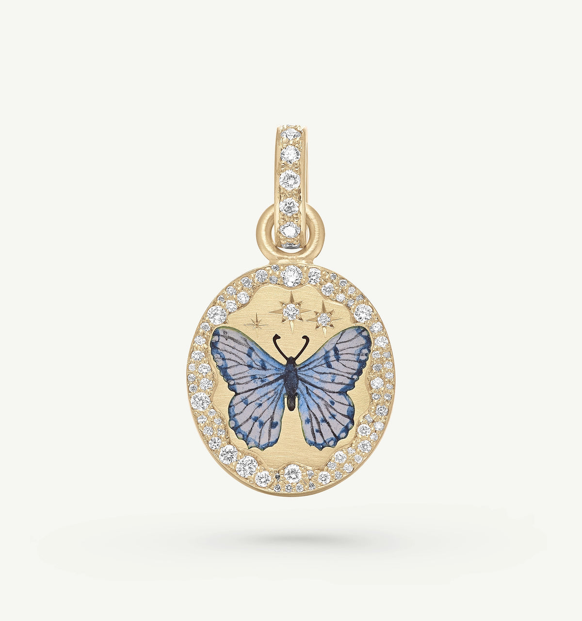 Gold pendant featuring an intricately painted blue butterfly surrounded by a halo of diamonds.