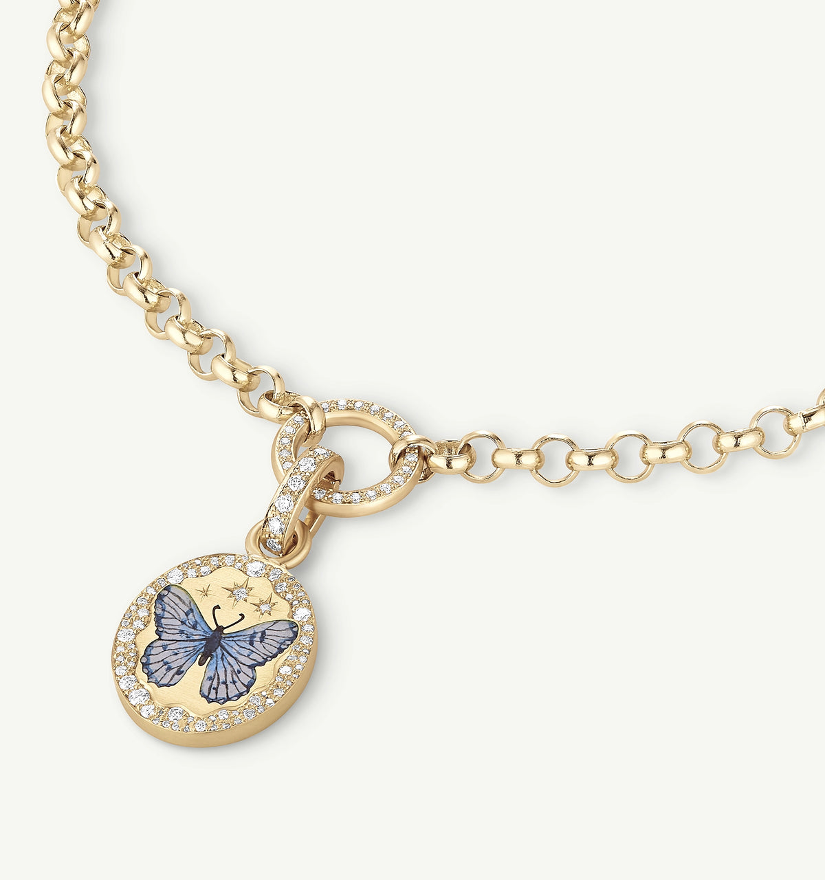 Gold necklace featuring a pendant with a butterfly in blue enamel, surrounded by diamonds.