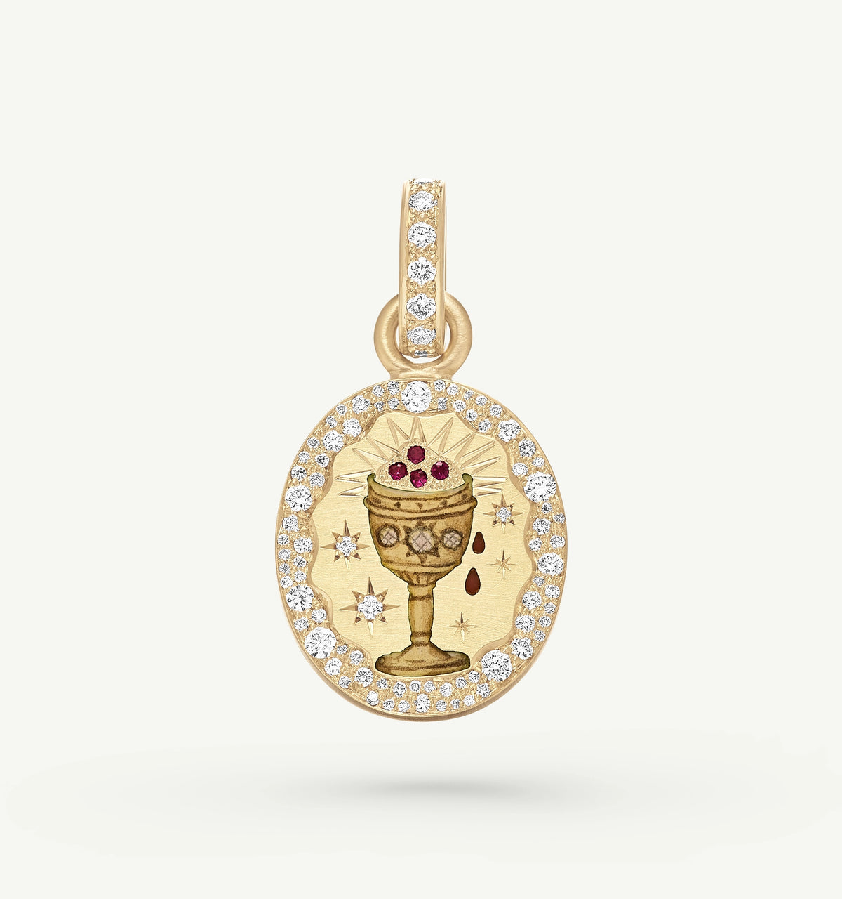 Gold pendant featuring a chalice design in enamel, accented with rubies and surrounded by diamonds.