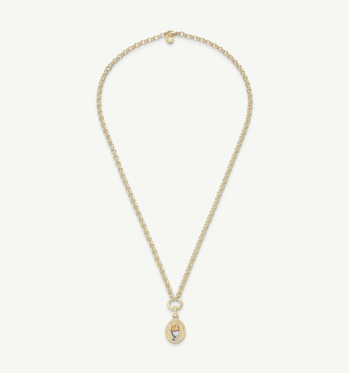 Gold necklace with a pendant featuring an enamel design of a crown and a cup.
