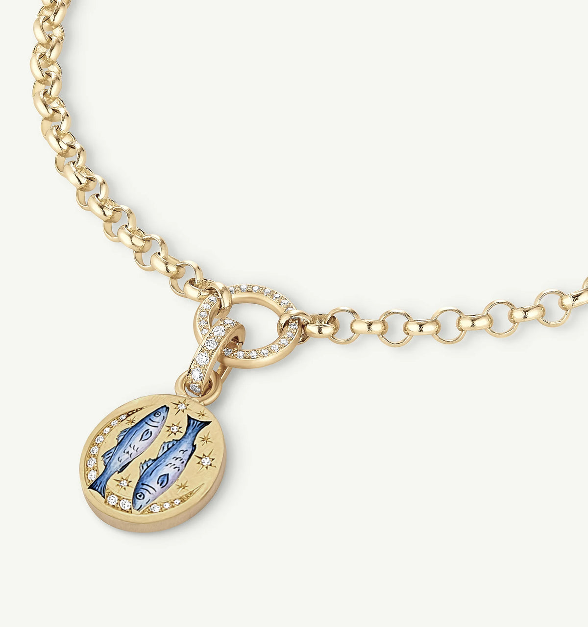 Gold chain necklace featuring an engraved pendant with fish and blue accents, surrounded by diamonds.