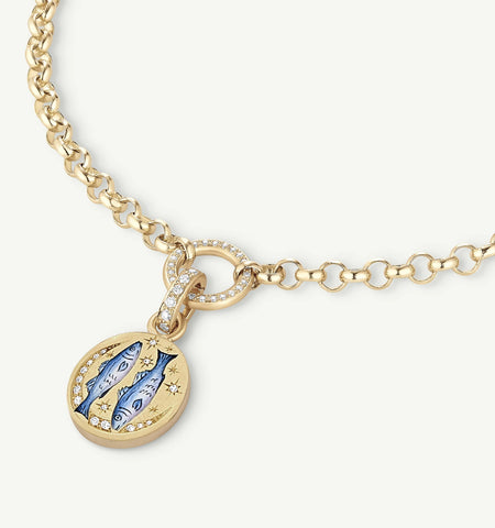 Gold chain necklace featuring an engraved pendant with fish and blue accents, surrounded by diamonds.