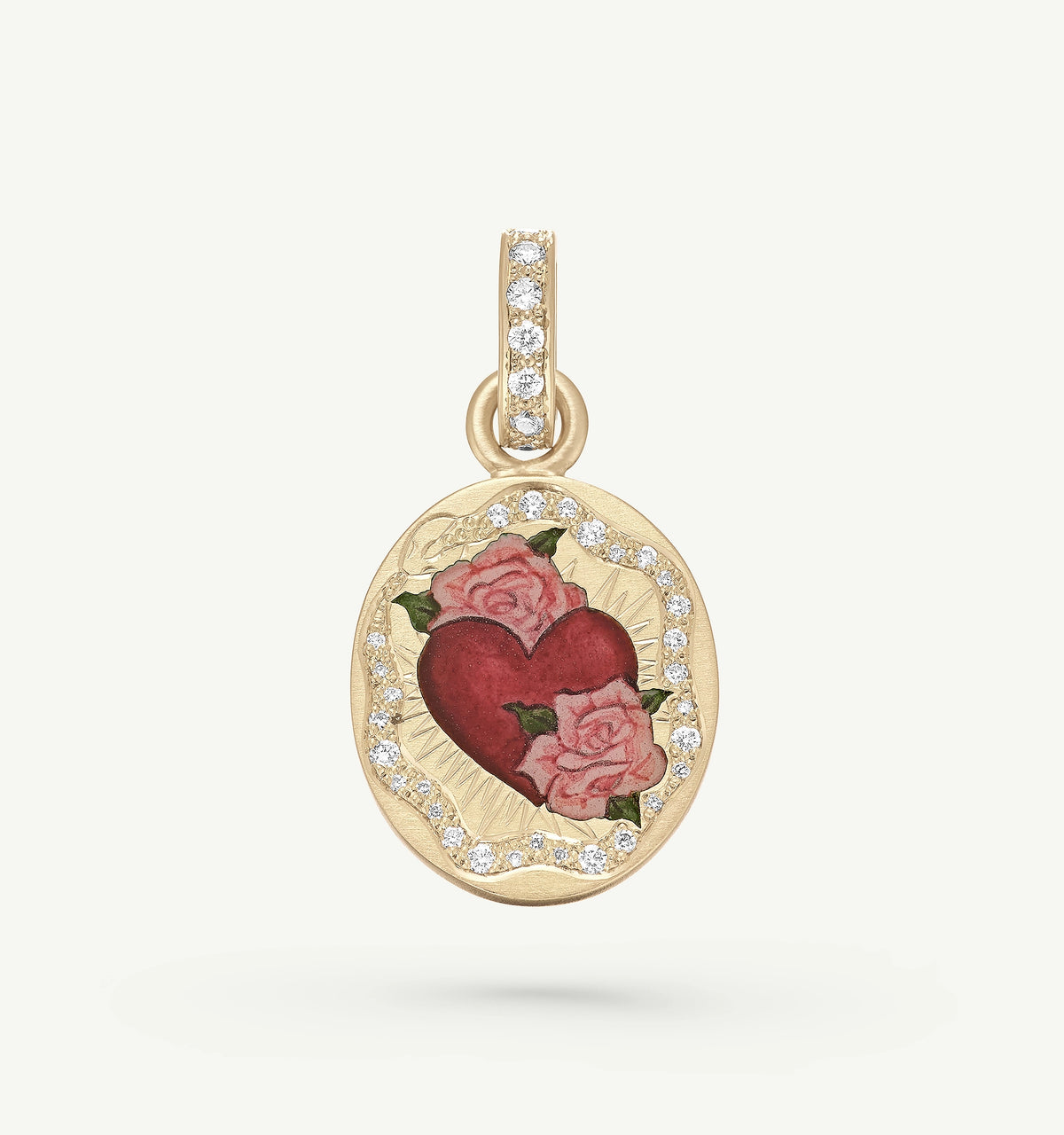 Gold pendant featuring a red heart motif and pink roses in enamel, surrounded by diamonds.
