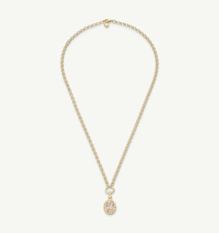Gold chain necklace featuring an oval pendant with an enamel design of two kittens.