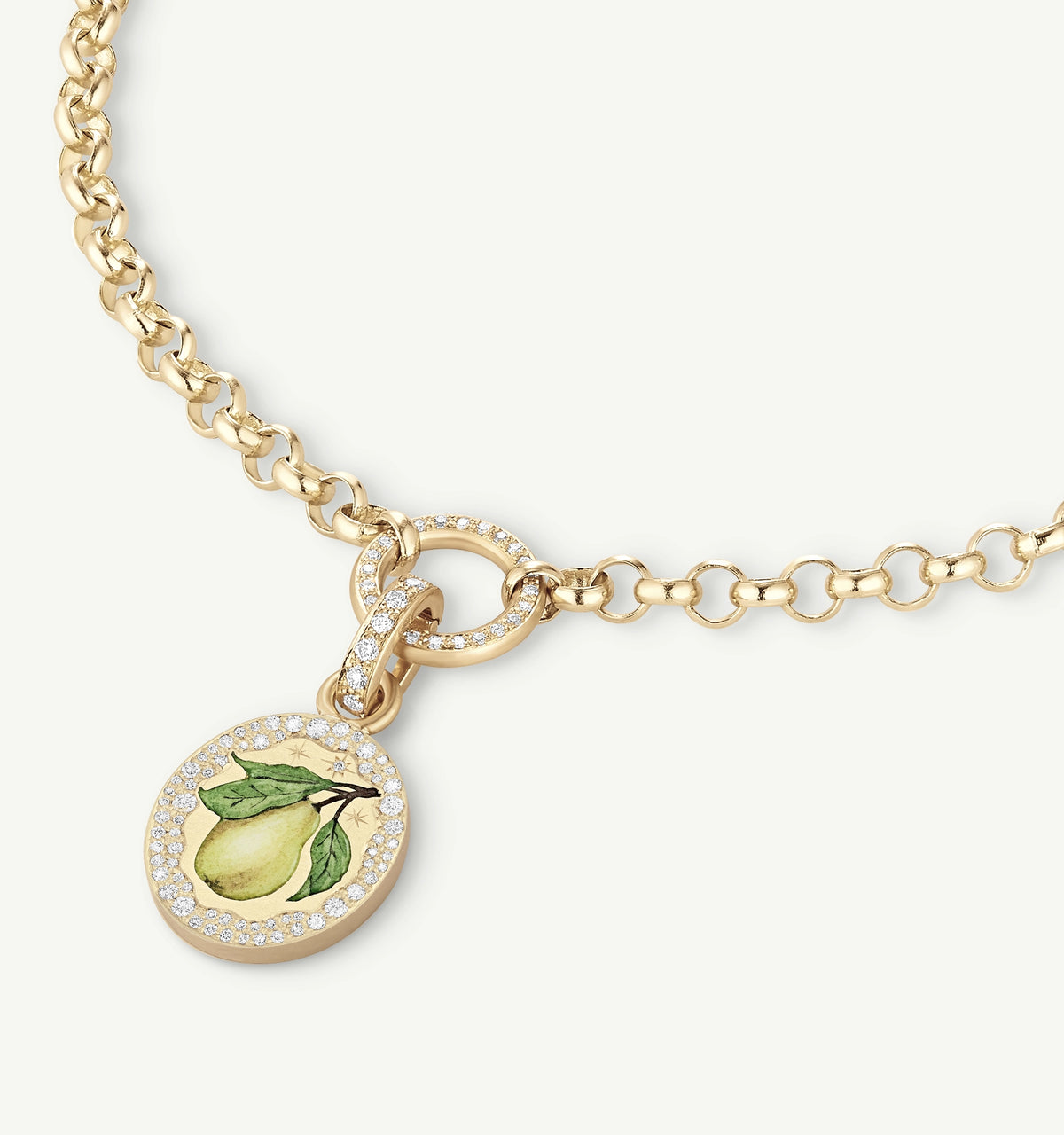 Gold necklace featuring a pendant with an illustrated pear and surrounded by round diamonds.