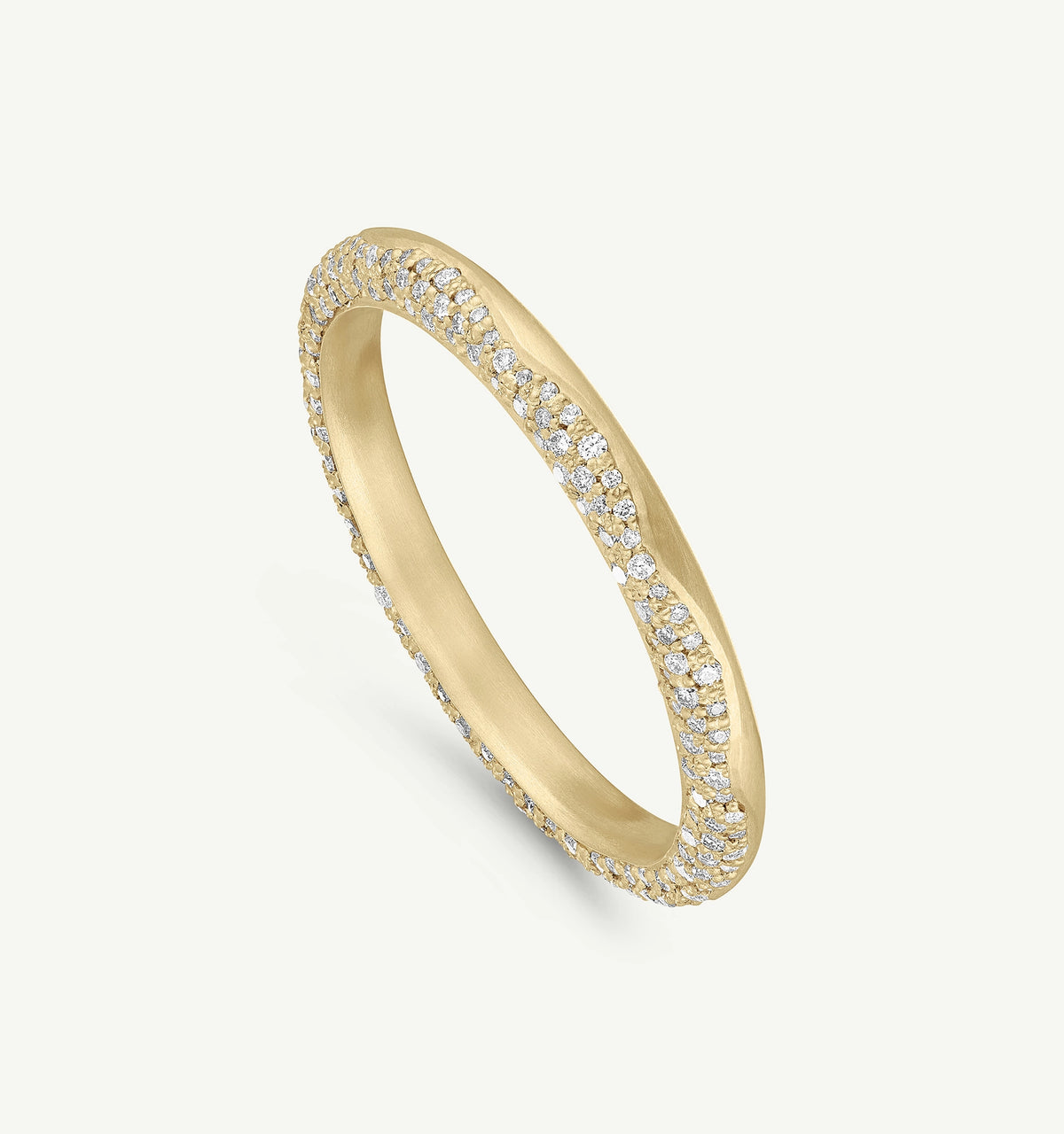 Gold ring with a wavy edge, featuring a row of diamonds along the outer band.