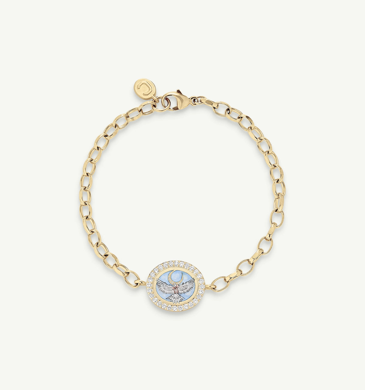 Gold bracelet featuring a circular pendant with an eagle design and surrounded by small diamonds.