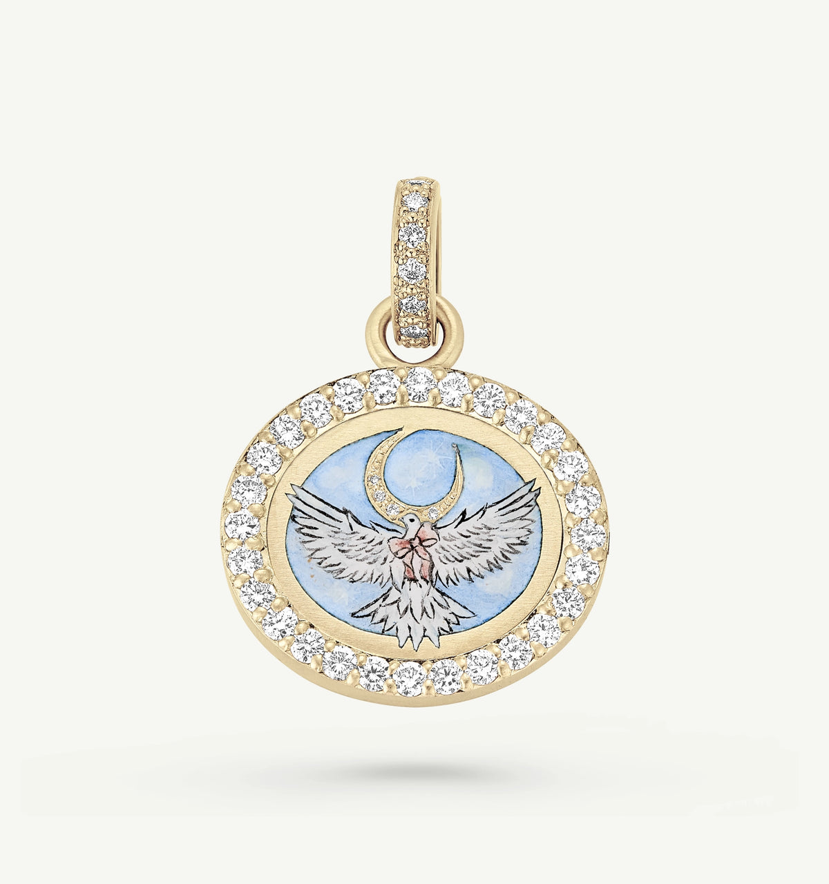 Gold pendant featuring a dove with a bow, surrounded by a decorative enamel design and a halo of round diamonds.