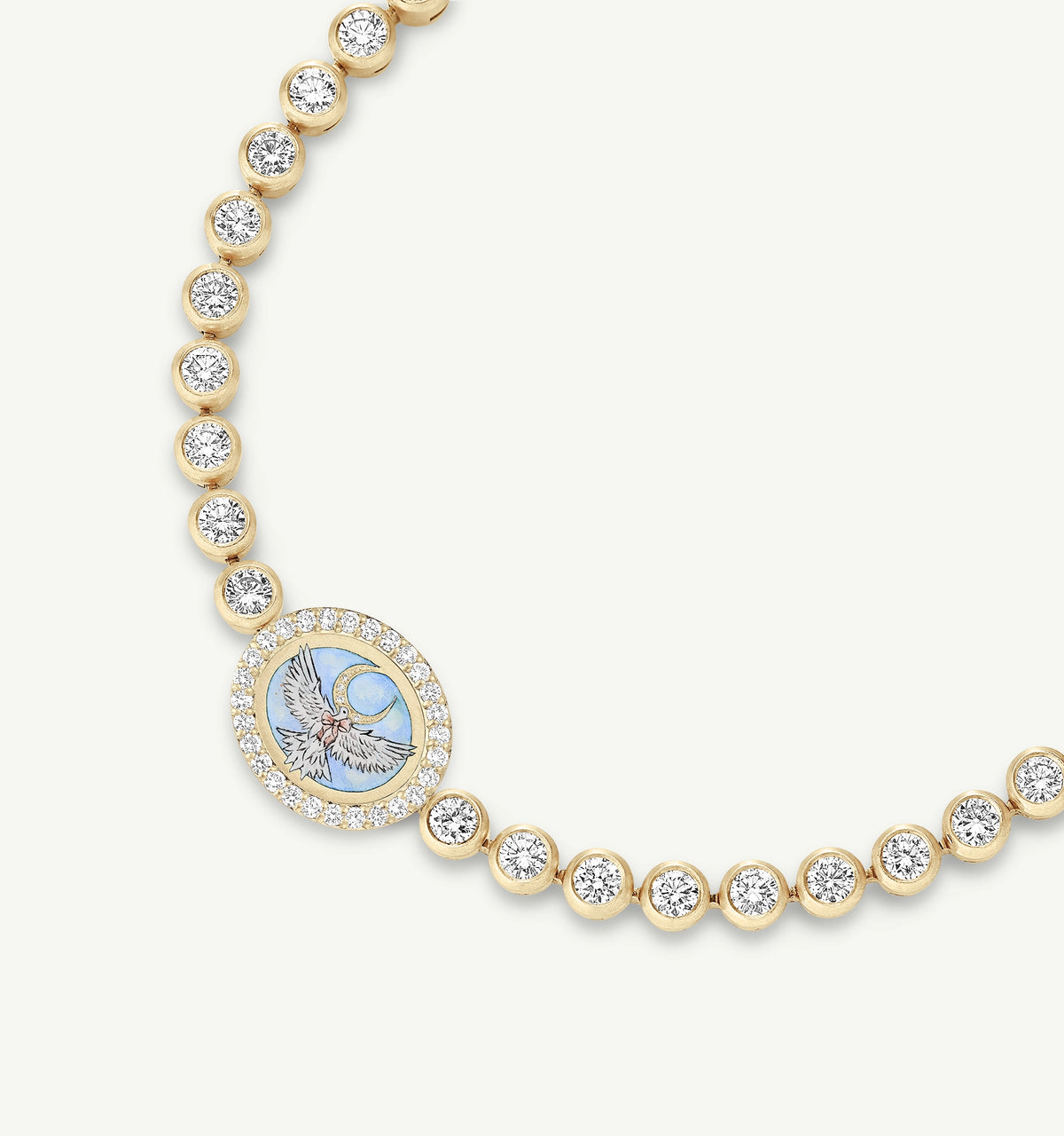 Gold necklace featuring a central enamel pendant with a bird design, surrounded by circular gold accents and clear diamonds.