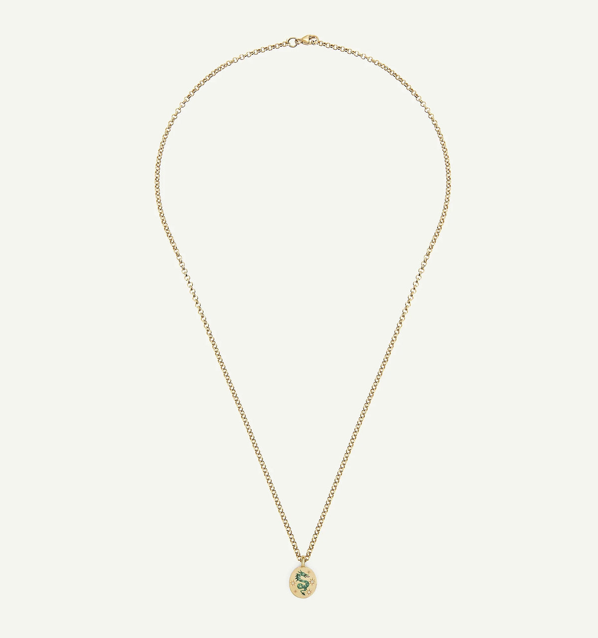 Gold chain necklace featuring an enamel pendant with floral design.