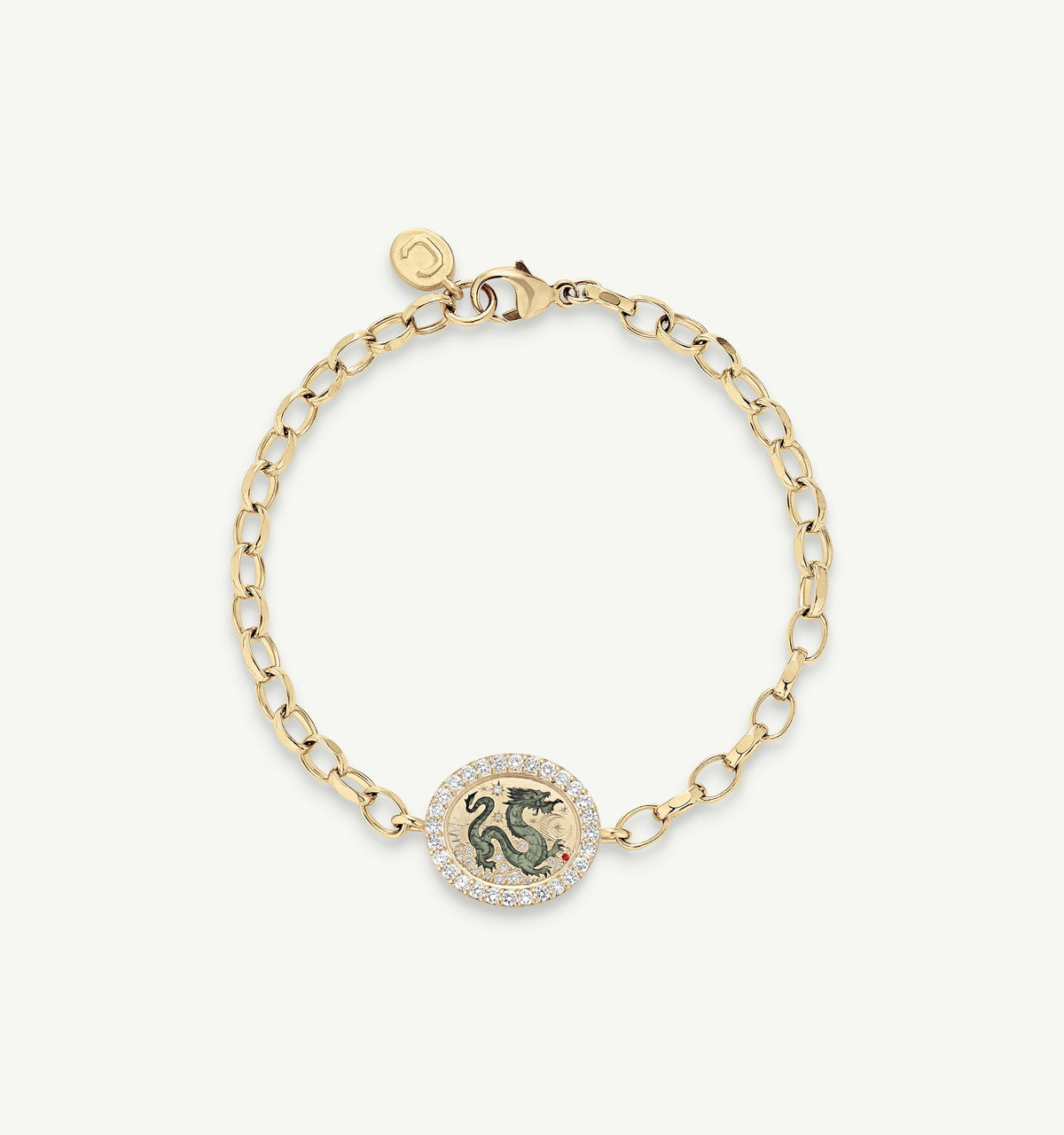 Gold chain bracelet featuring a round charm with a dragon motif and surrounded by diamonds.
