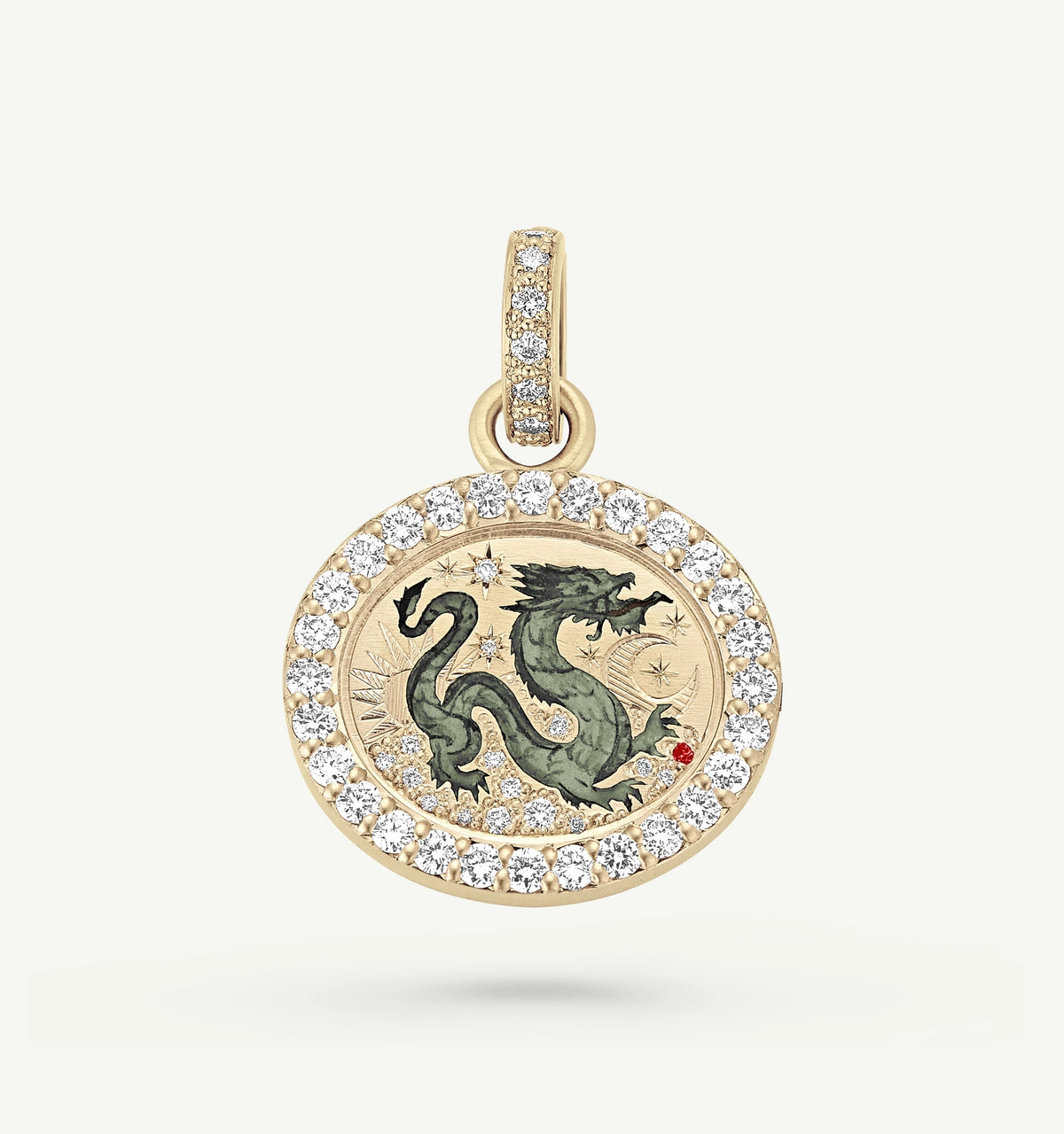 Gold pendant featuring a dragon motif surrounded by a halo of clear diamonds.