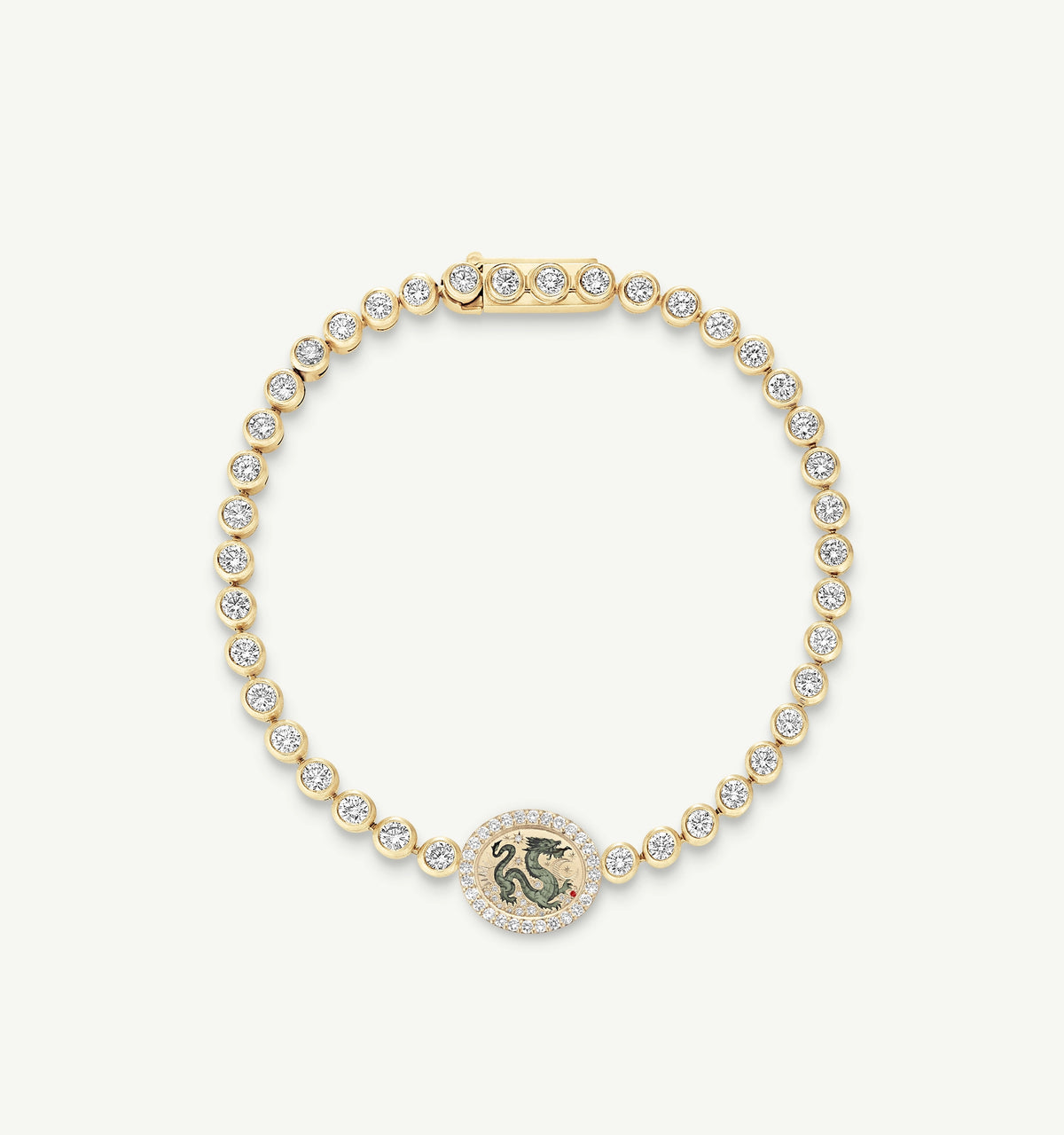Gold bracelet featuring an engraved dragon motif and surrounded by diamonds.