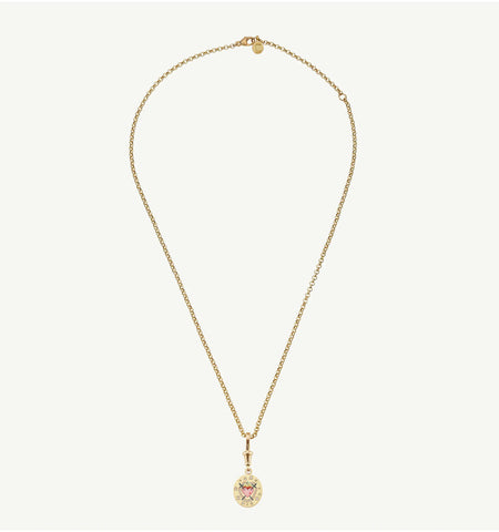 Gold necklace featuring an enamel pendant with a heart design and floral motifs.