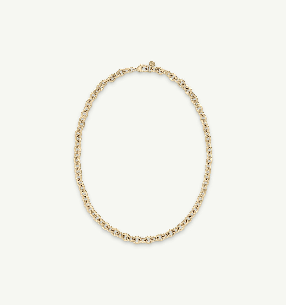 Gold chain necklace featuring interlocking links.