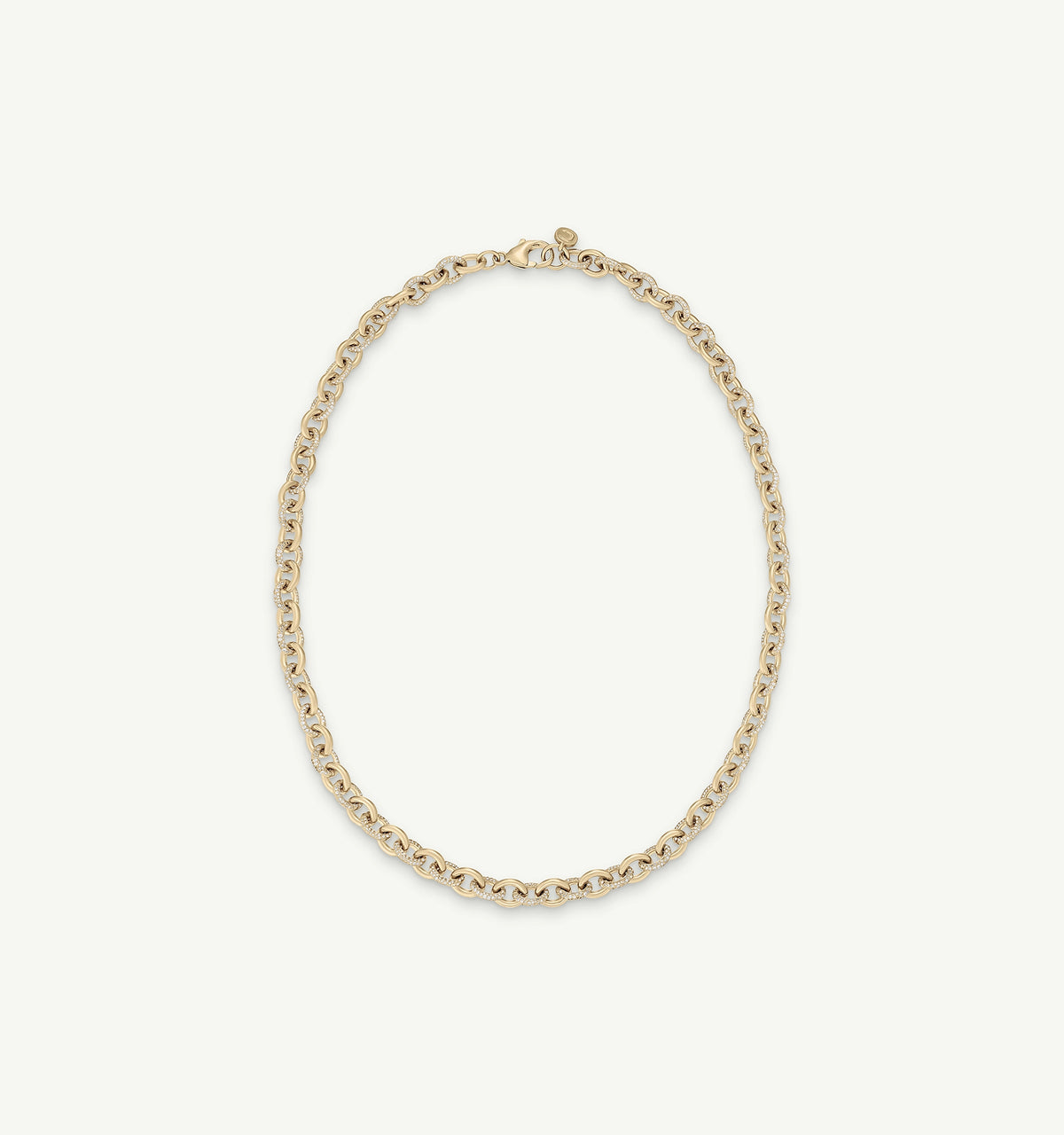 Gold chain necklace with interlocking links, a textured surface and a secure clasp.