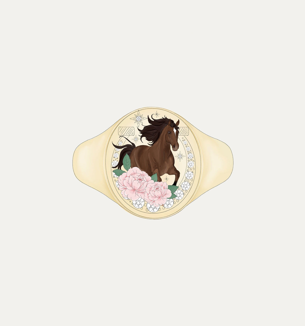 Gold bracelet featuring a galloping horse and pink peonies in an intricate design.