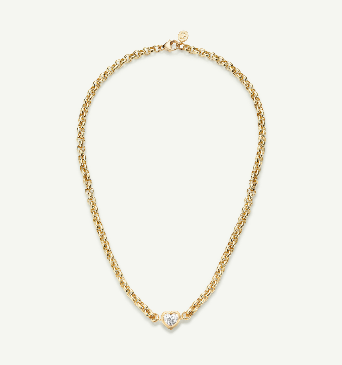 Gold chain necklace featuring a heart with a diamond at the centre.