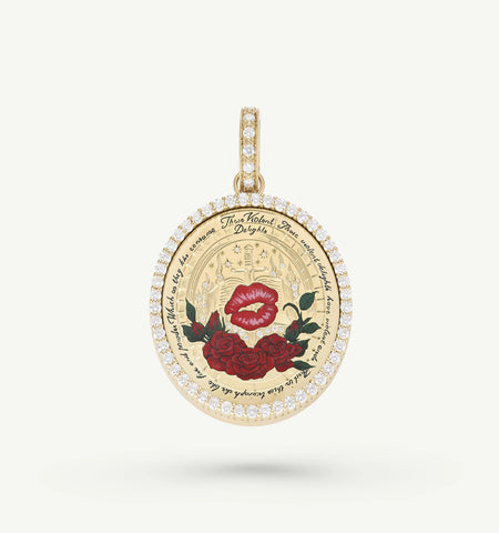 Gold pendant featuring red lips and roses with an engraved background, surrounded by a diamond-like border.