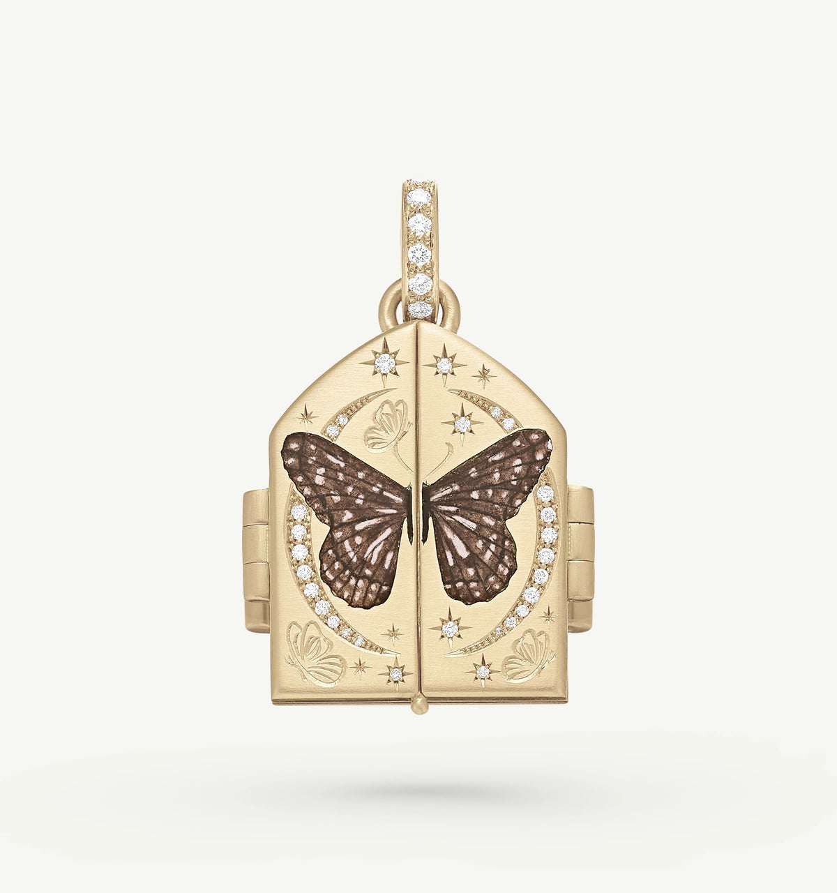 Gold locket featuring a butterfly motif, adorned with diamonds and intricate engraved details.