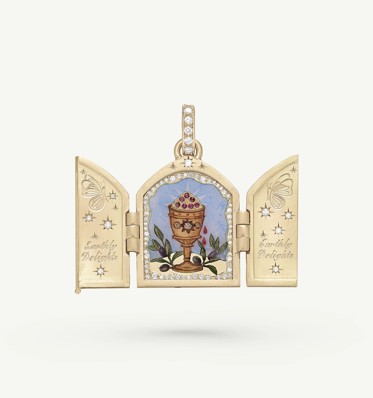 Gold locket pendant with an intricate blue and gold design, featuring a pot and floral motifs, accented with diamonds.