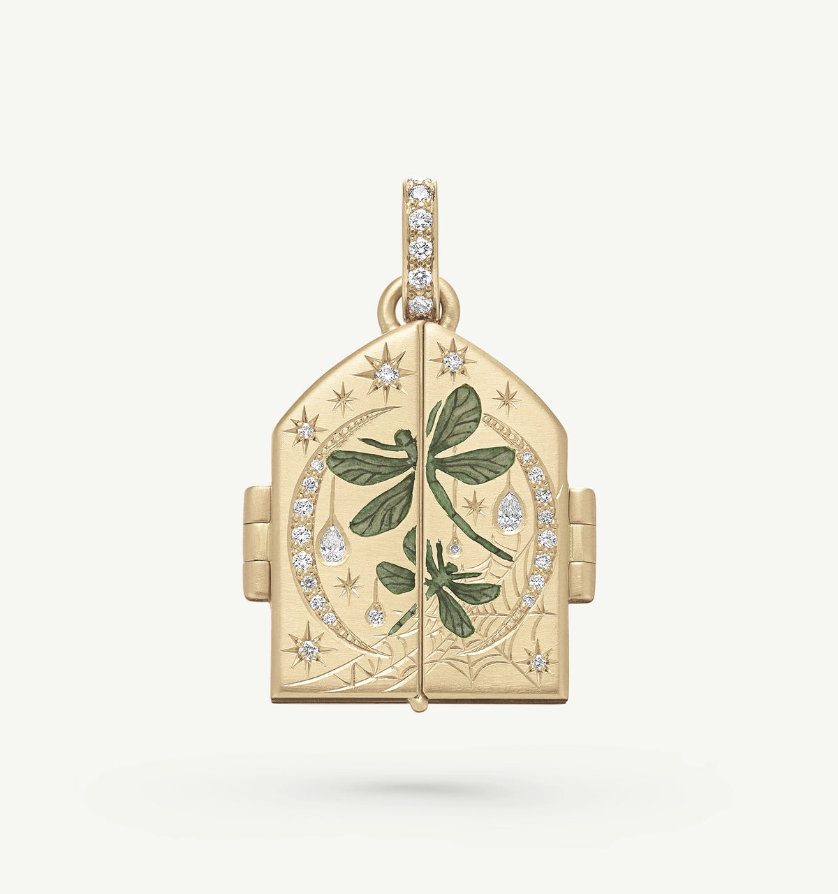 Gold pendant featuring a leaf motif in enamel and surrounding diamonds.