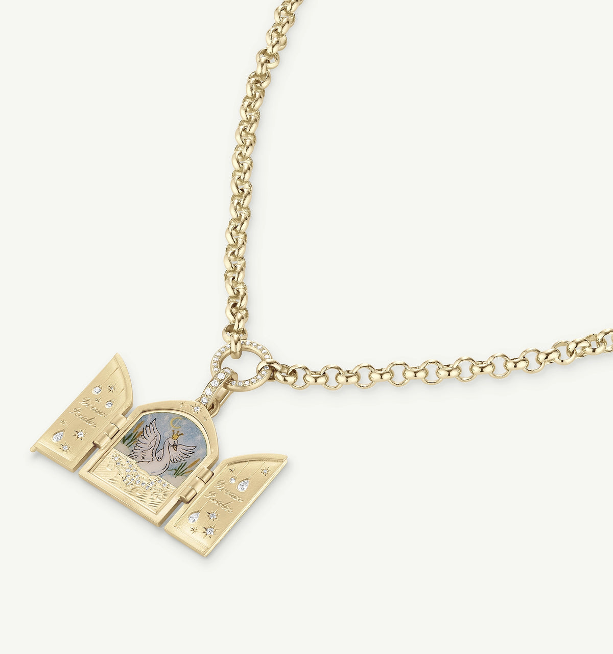 Gold necklace featuring a locket design with an open door motif and colourful enamel details.