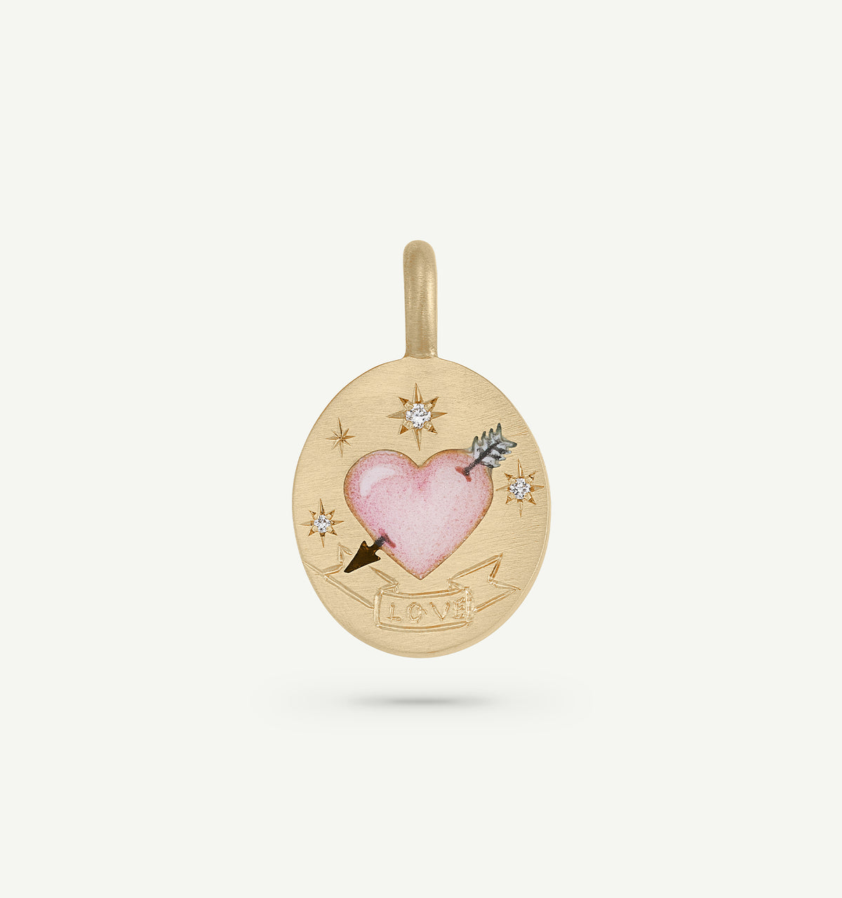 Gold pendant featuring a pink heart design with an arrow and three diamonds, engraved with the word "LOVE."