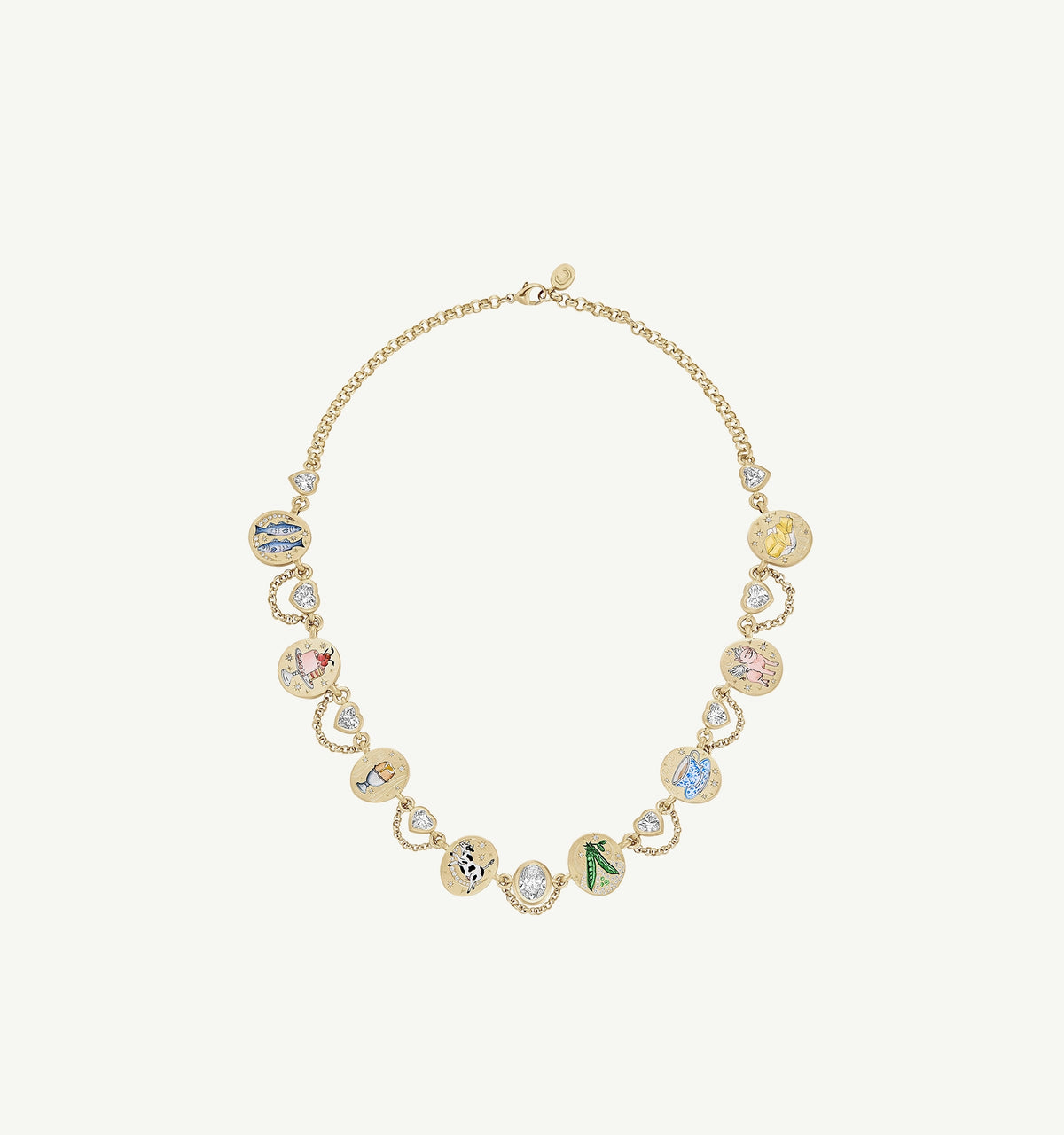 Gold necklace featuring colourful enamel motifs and diamonds.