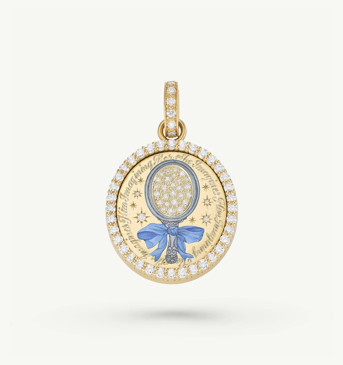 Gold pendant featuring a mirror design with blue enamel and surrounded by a halo of diamonds.