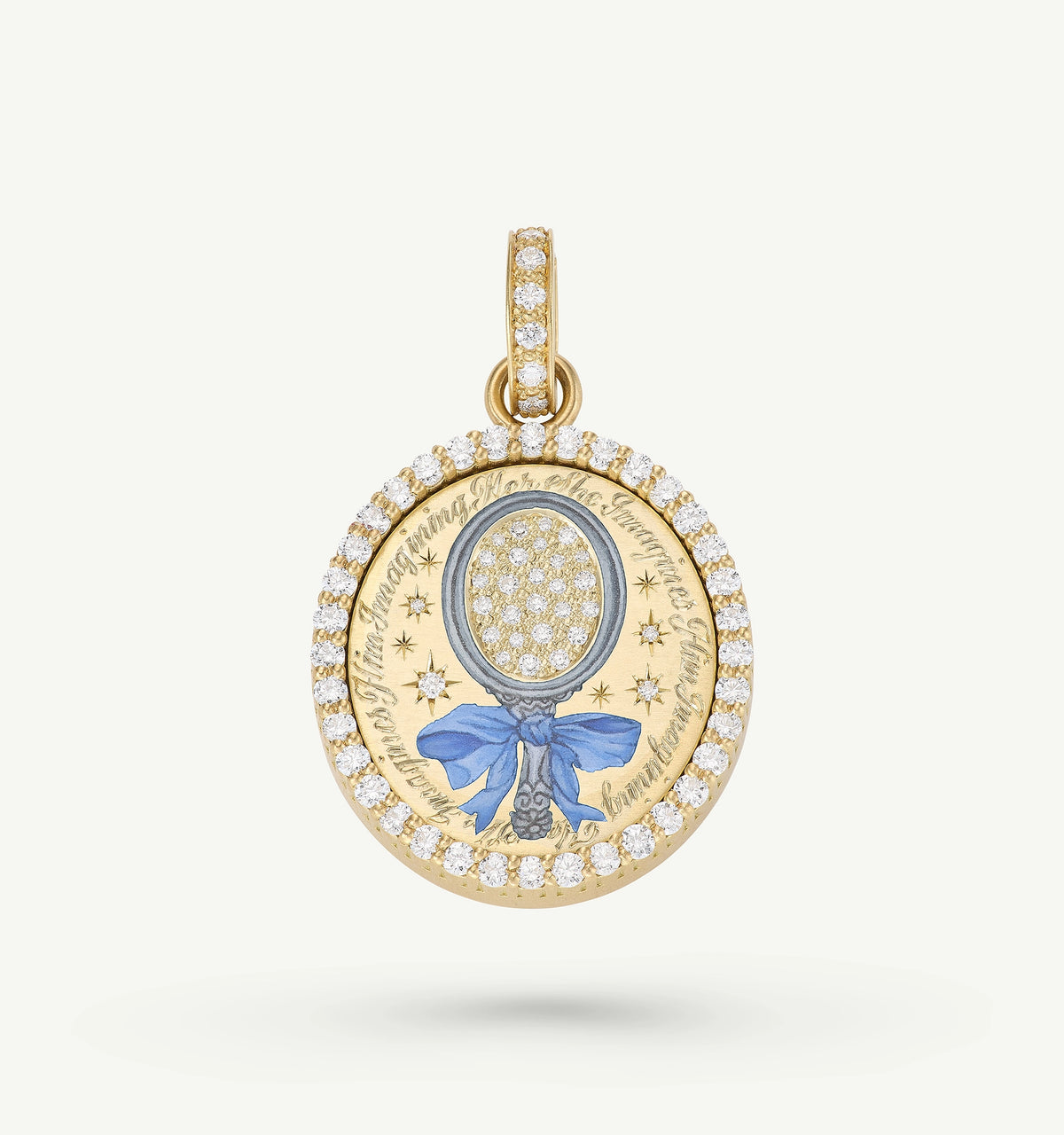 Gold pendant featuring a blue bow motif and a circle of diamonds surrounded by a decorative border.