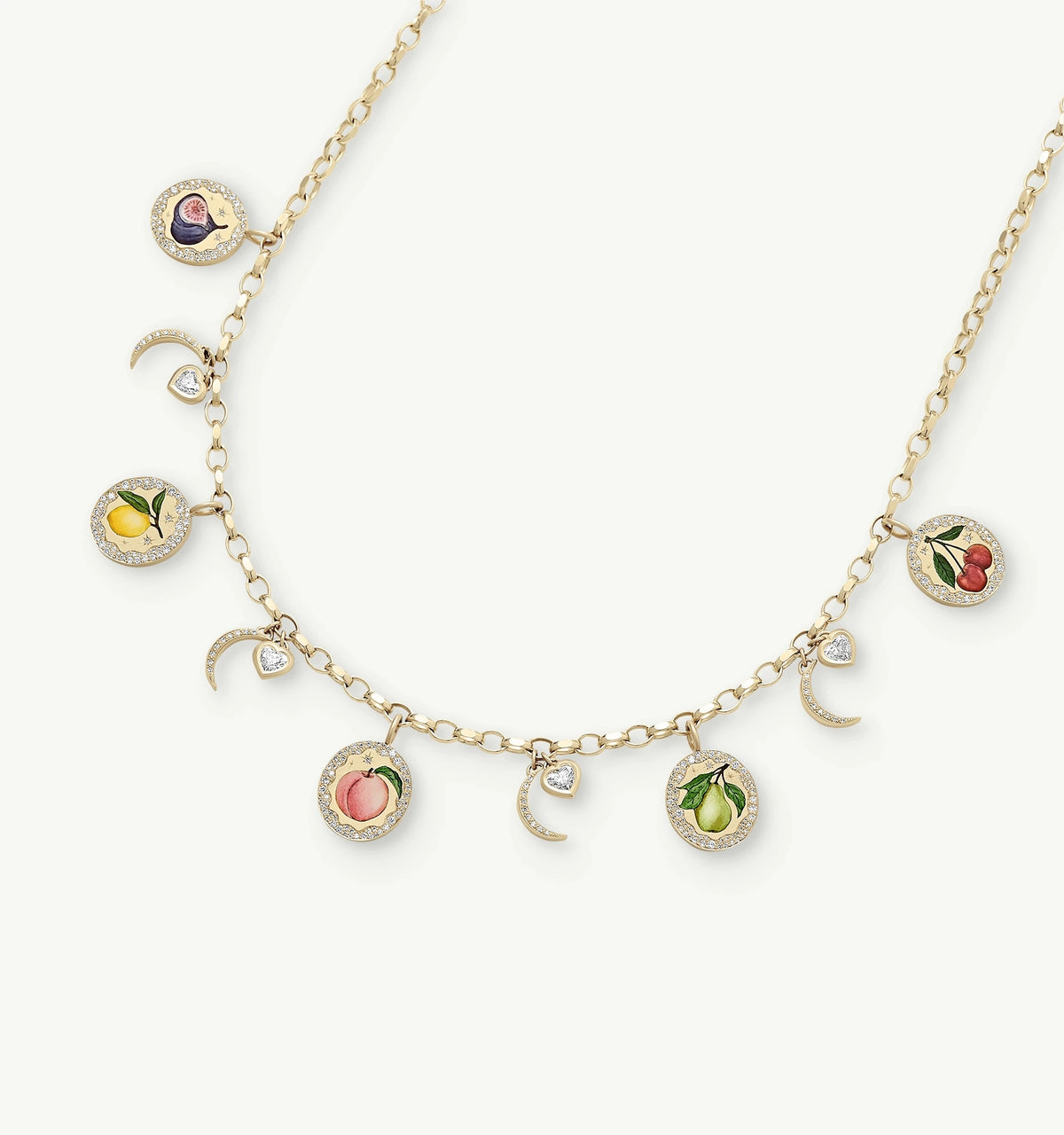 Gold necklace featuring colourful fruit motifs in enamel and embellished with diamonds.
