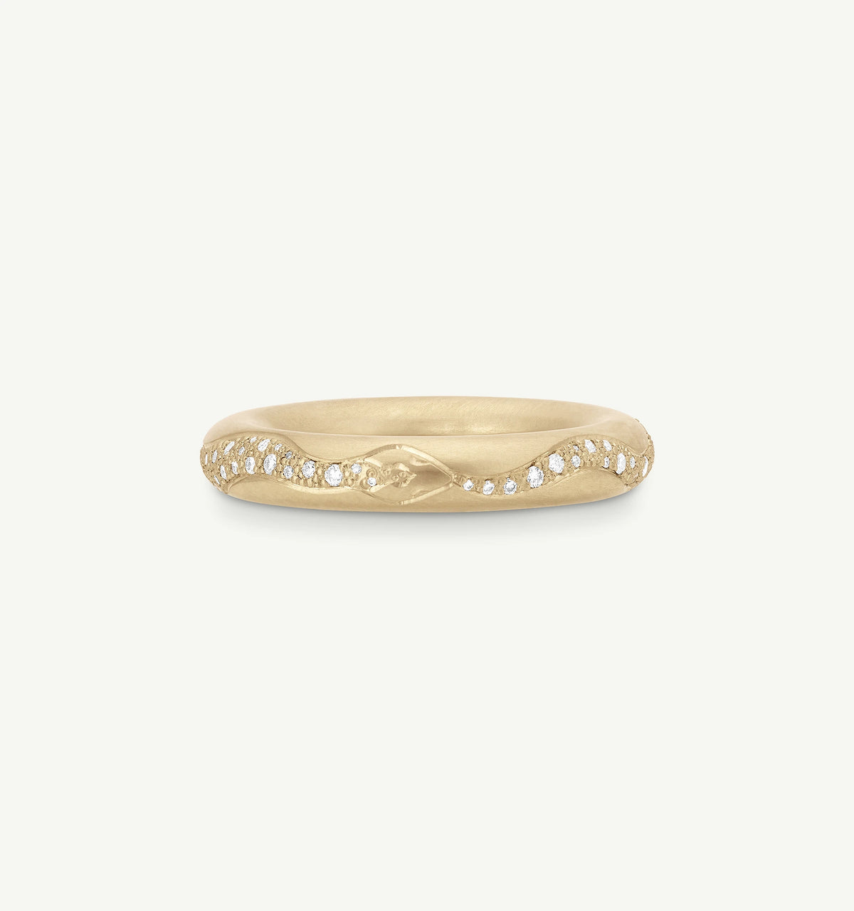 Gold snake ring featuring diamond accents along the band.