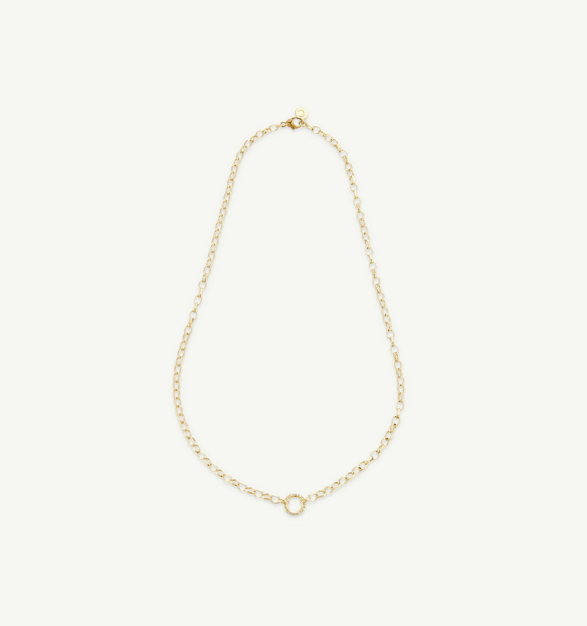 Gold chain necklace featuring an open circular pendant.