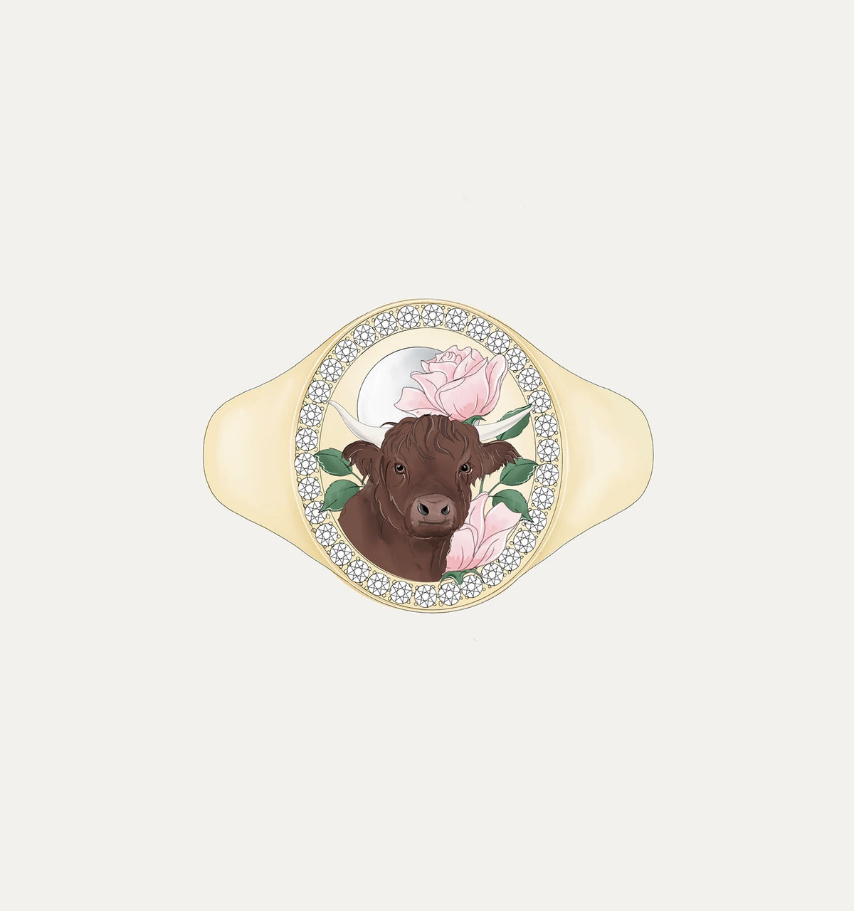 Gold ring featuring an engraved calf surrounded by pink roses and a decorative border.